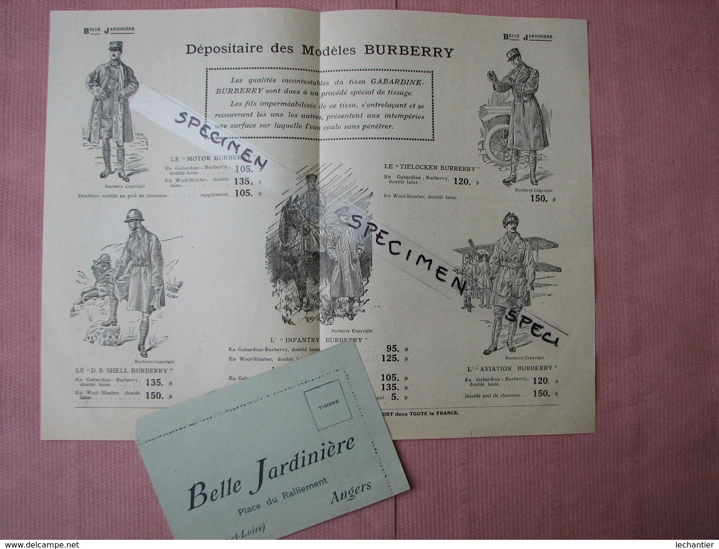 Belle Jardiniere 1917 catalogue mode + doc BURBERRY + doc uniformes Miltaires + enveloppe.