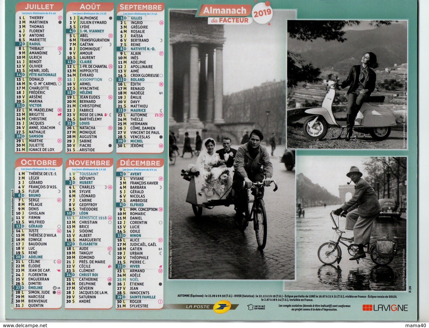 ALMANACH DU FACTEUR - 2019 - VELO TAXI AVEC MARIES - SCOOTER - MOTO - VELOSOLEX - SOLEX - VELO PLIABLE - Tamaño Grande : 2001-...