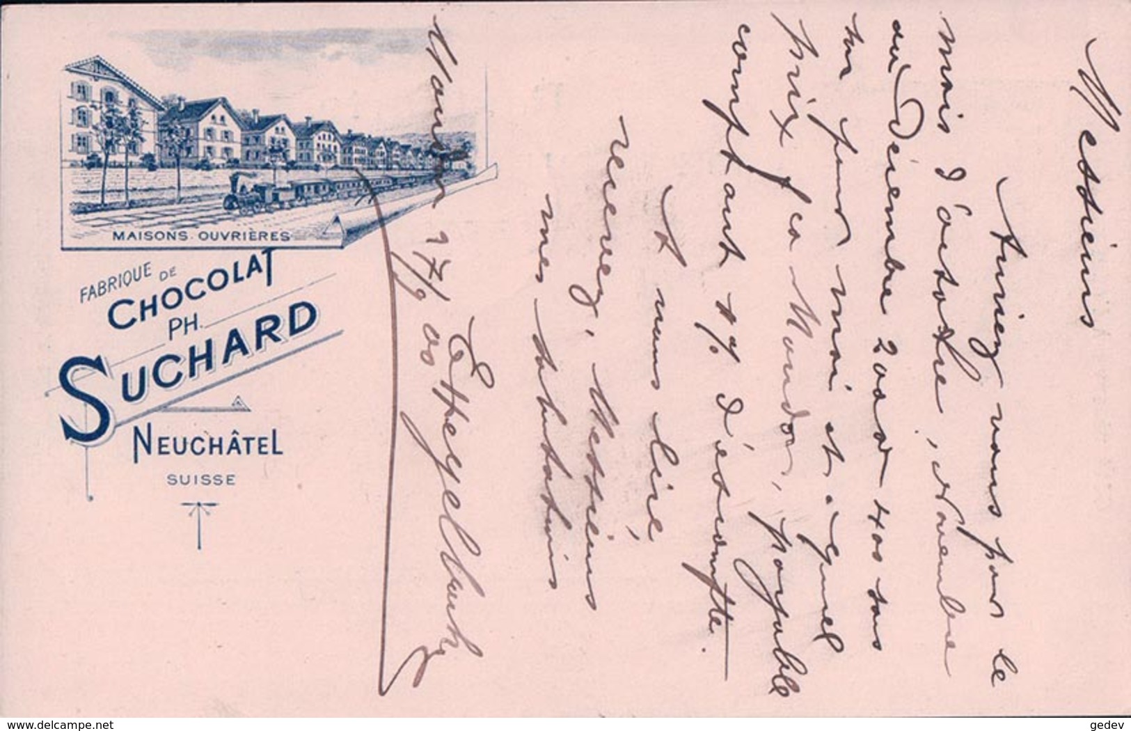 Publicité, Entier Postal Suisse Chocolat Suchard, Tampon E. Hegelbach Farines Maïs,  Moudon - Serrières NE (27.9.1900) - Entiers Postaux