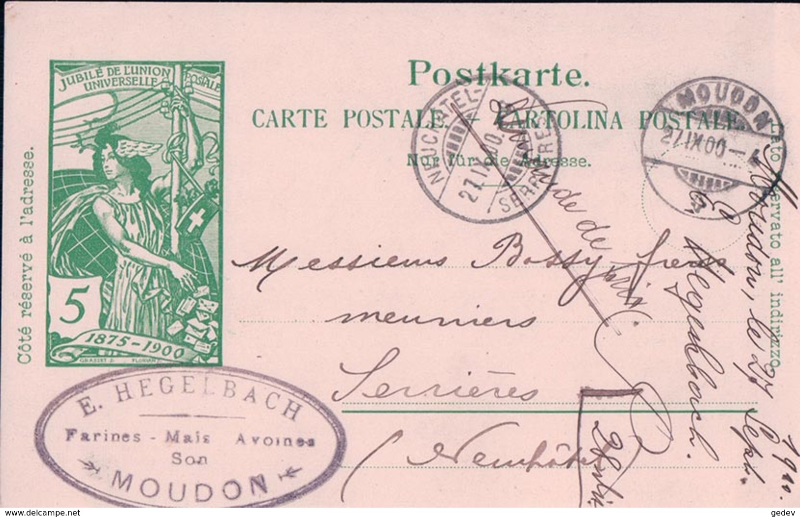 Publicité, Entier Postal Suisse Chocolat Suchard, Tampon E. Hegelbach Farines Maïs,  Moudon - Serrières NE (27.9.1900) - Entiers Postaux