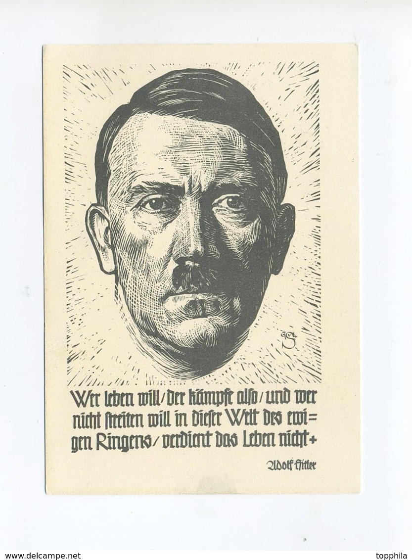 1943 3.Reich  Propagandakarte Hitler Holzschnitt G. Sluytermann Wer Leben Will, Der Kämpft Also Mit Mi 830 SST - Briefe U. Dokumente