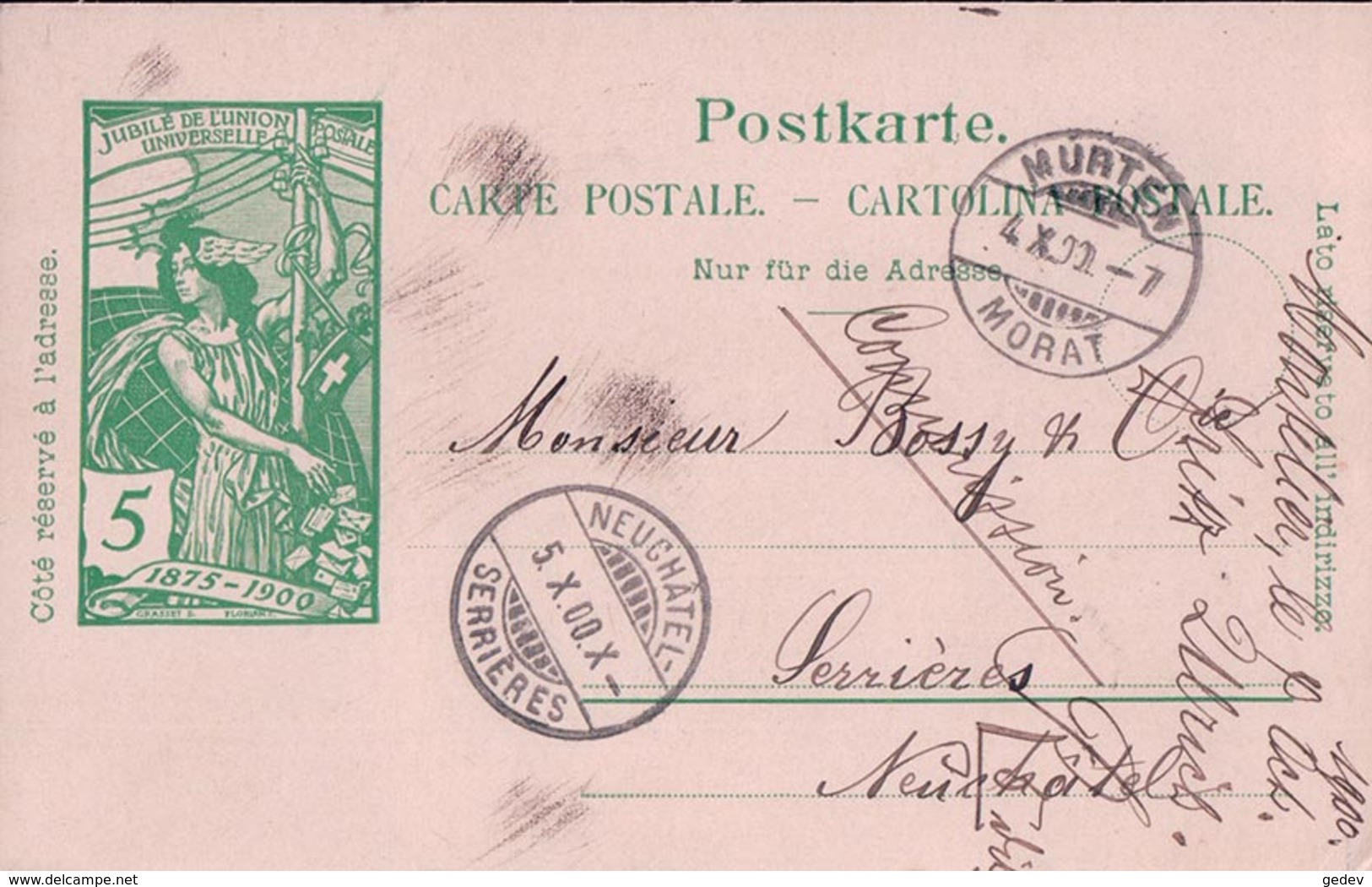 Publicité, Entier Postal Suisse Chocolat Suchard, Murten - Serrières NE (4.10.1900) - Entiers Postaux