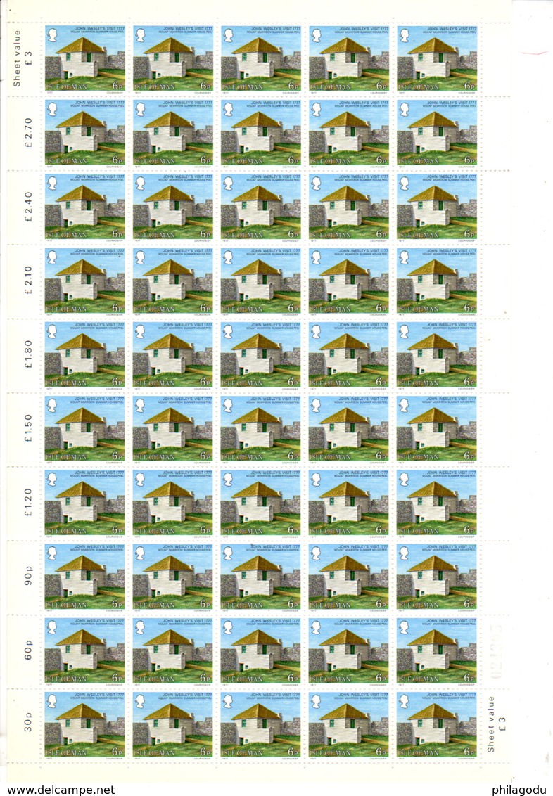 1977  ISLE Of Man,  Visite De John Wesley, 164 X   94 / 97**, En Feuille De 50 Et Bloc, Faciale 60,68 £ - Man (Ile De)