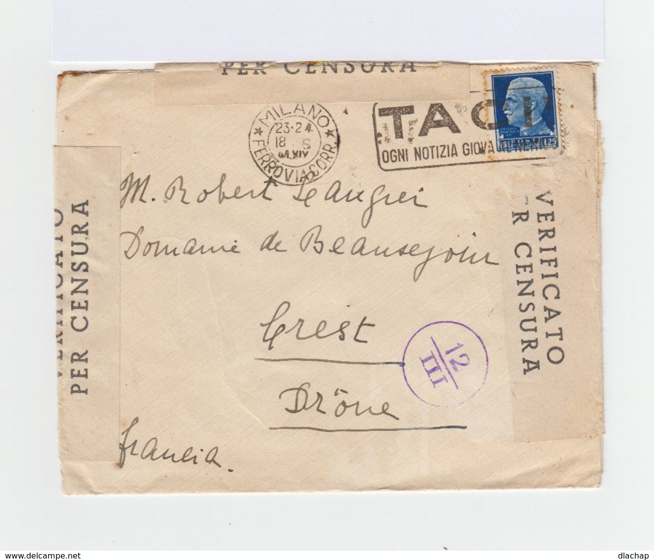 Sur Enveloppe Italie V.E. III Oblitéré Taci. CAD Milan Ferroviacorr 1941. Ouverte Par La Censure. (929) - Marcophilie