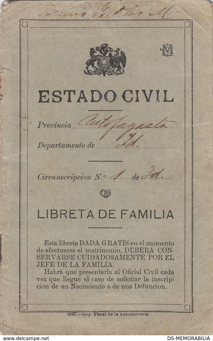 1923 CHILE ANTOFAGASTA FAMILY STATUS CIVIL DOCUMENT W FINGERPRINT , 50 CENTAVOS REVENUE STAMP - Chile