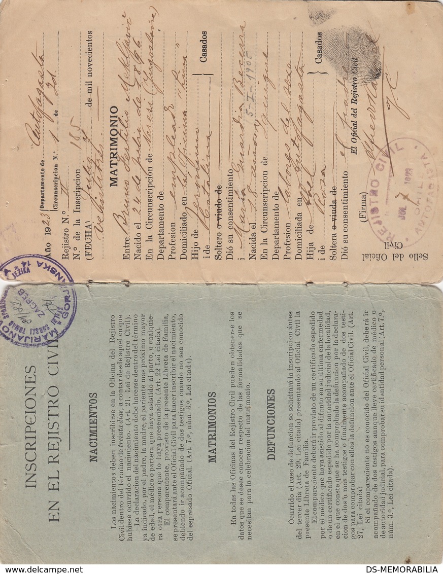 1923 CHILE ANTOFAGASTA FAMILY STATUS CIVIL DOCUMENT W FINGERPRINT , 50 CENTAVOS REVENUE STAMP - Chile