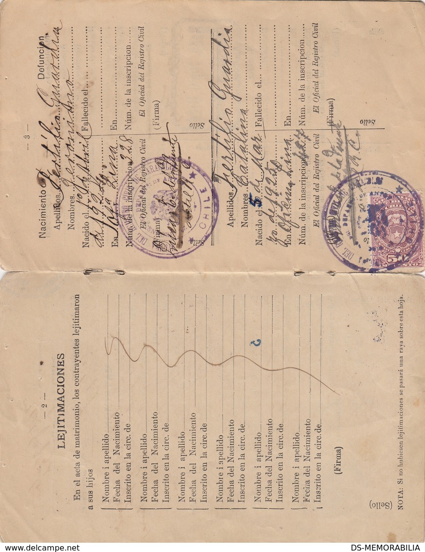 1923 CHILE ANTOFAGASTA FAMILY STATUS CIVIL DOCUMENT W FINGERPRINT , 50 CENTAVOS REVENUE STAMP - Chile