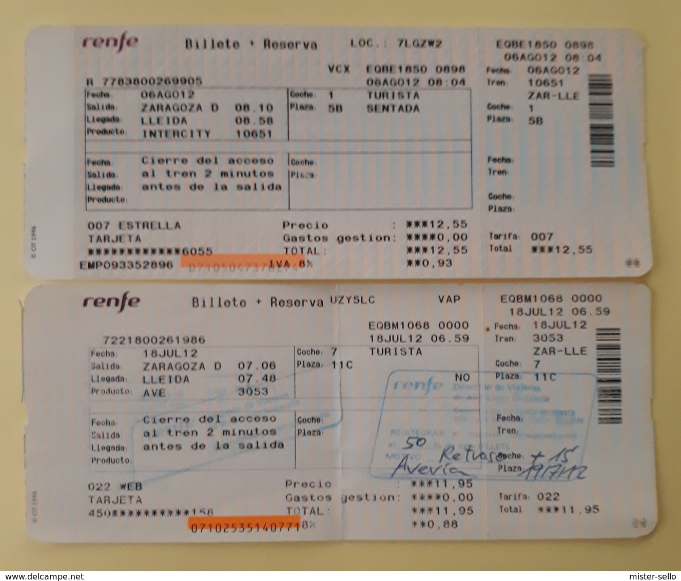 2012 RENFE ESPAÑA. 2 TICKET INTERCITY + AVE. - Europa