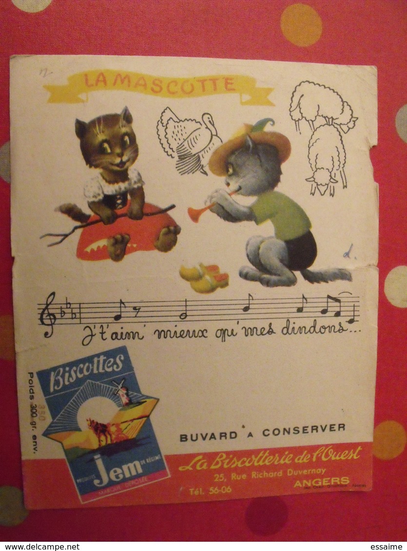 Buvard Biscottes Jem. Biscotterie De L'ouest. Angers. Mascotte Chat Dindon Mouton Chanson - Biscottes