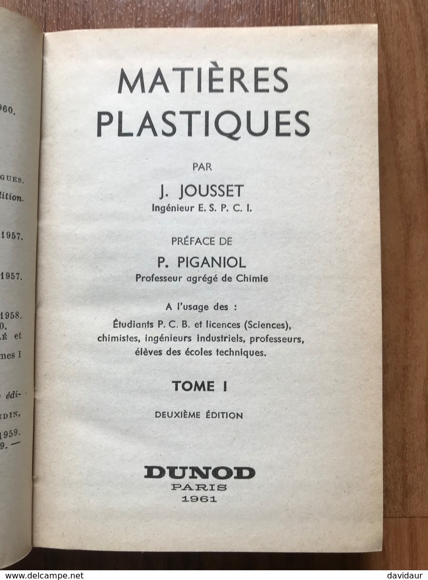 Aide-mémoire Dunod Matières Plastiques - Tome 1 - 1961 - Autres & Non Classés