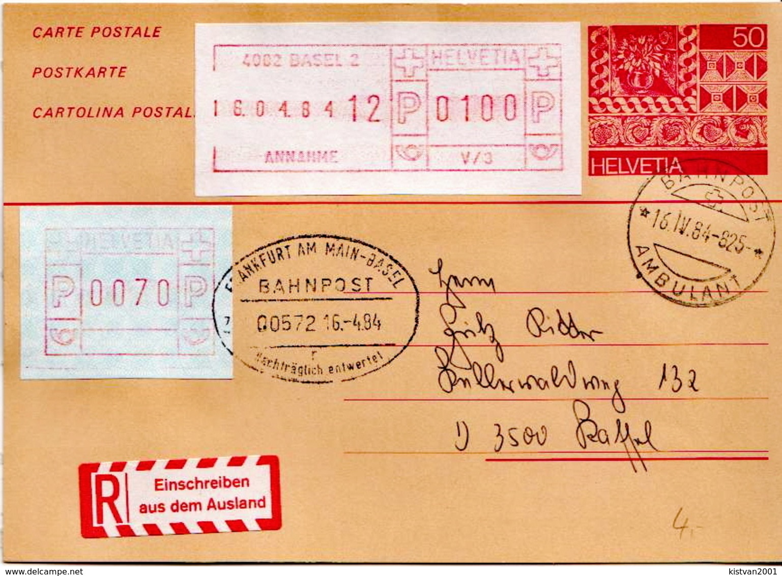 Postal History: Switzerland Registered Postal Stationery Postcard With Automat Stamps And Bahnpost Cancel - Automatic Stamps