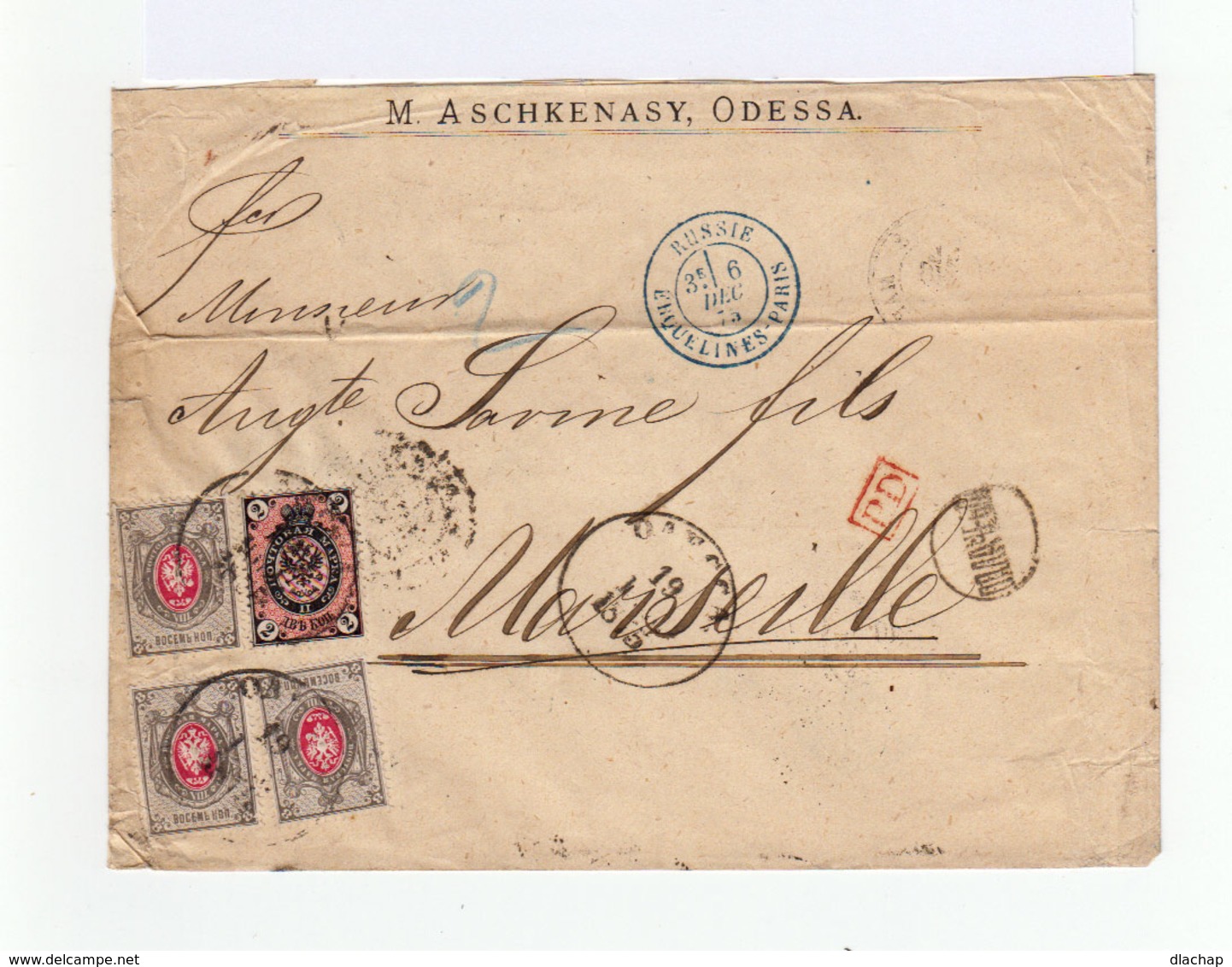 Sur Enveloppe Timbres Empire Russe Armoiries: Trois 8 K., Un 2 K. CAD Odessa 1875. Cachet D'entrée Bleu Erquelines (935) - Machines à Affranchir (EMA)