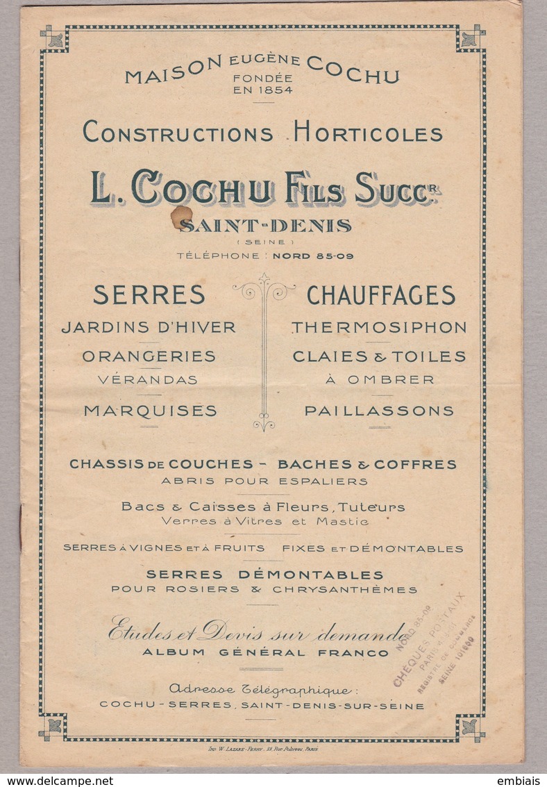 93 Saint-Denis - Maison Eugène COCHU, L.COCHU Fils Succr.Catalogue Constructions Horticoles Serres Chauffages - Publicités