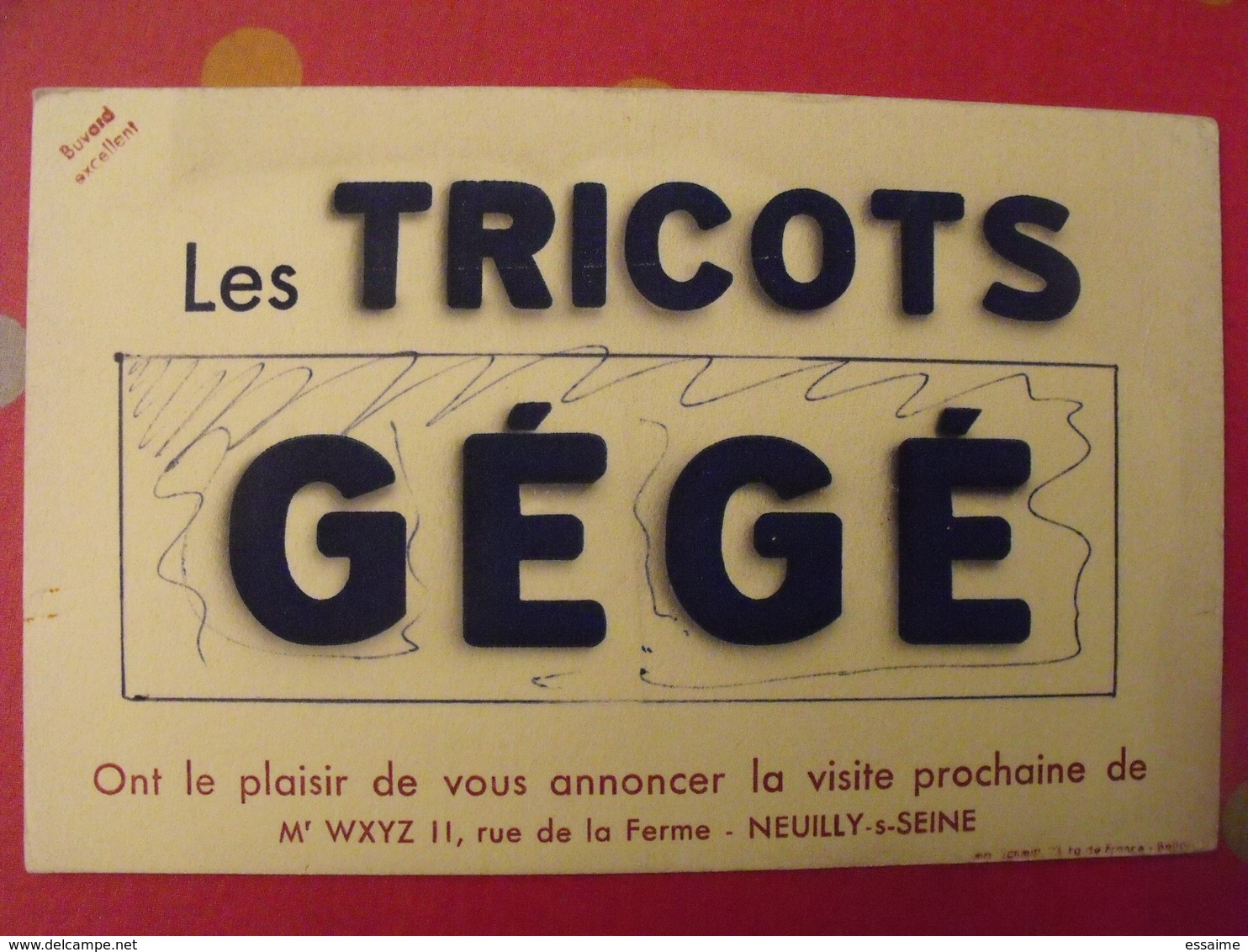 Buvard Tricots Gégé. Neuilly Sur Seine. Vers 1950 - Textile & Vestimentaire