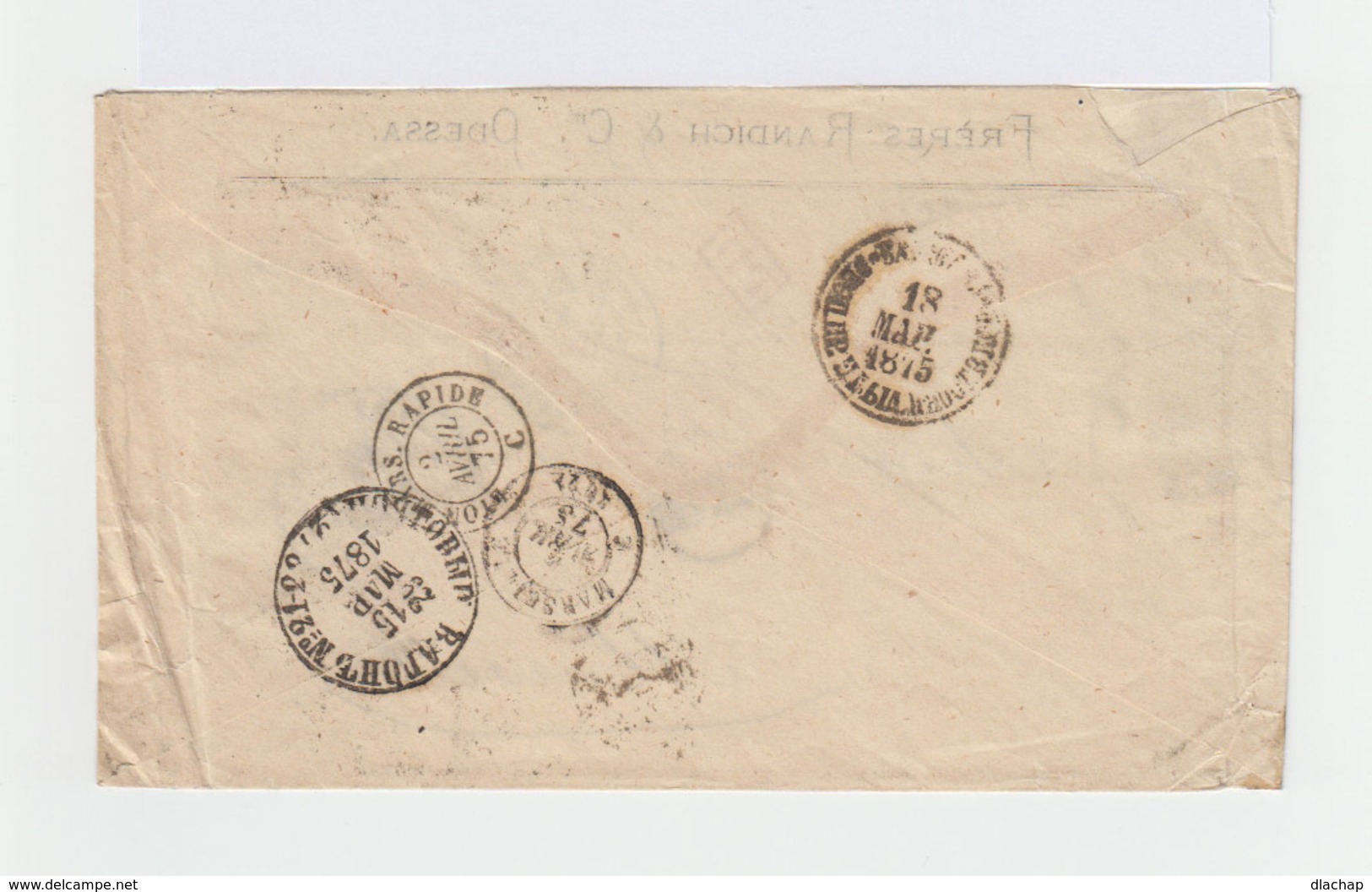 Sur Enveloppe Timbres Empire Russe Armoiries: 10 K. Et 3 K. CAD Odessa 1875. Cachet D'entrée Bleu Erquelines. (936) - Machines à Affranchir (EMA)