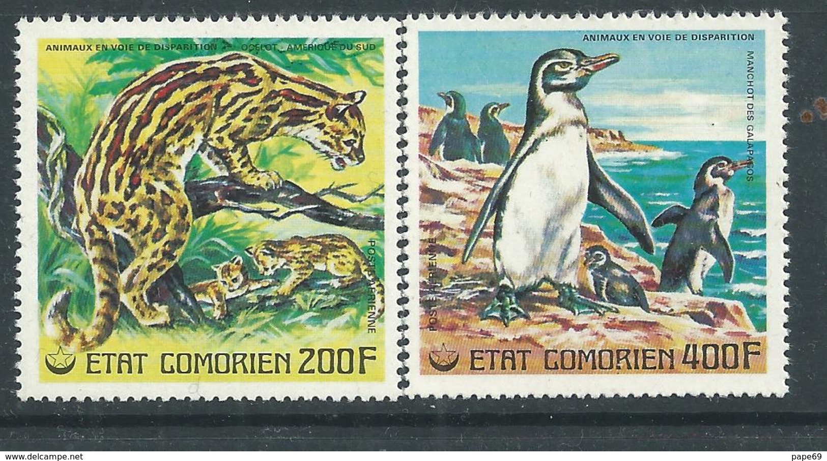 Comores P.A.  N° 119 / 20 X Animaux En Voie De Disparition ( II) : Ocelot Et Manchot Trace De Charnière Sinon TB - Comores (1975-...)