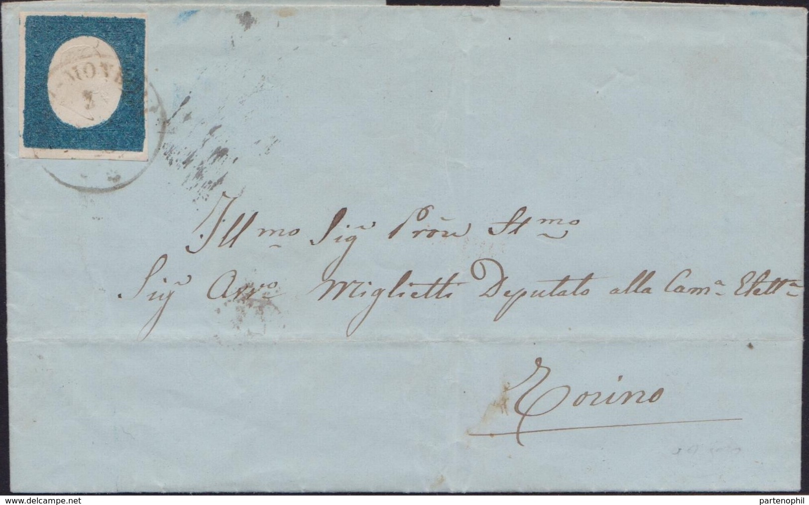 Sardegna 020 * Lettera Da Mondovi 1855 Diretta A Torino, Affrancata Con 20 C. Azzurro Ben Marginato N. 8. SPL - Sardinien