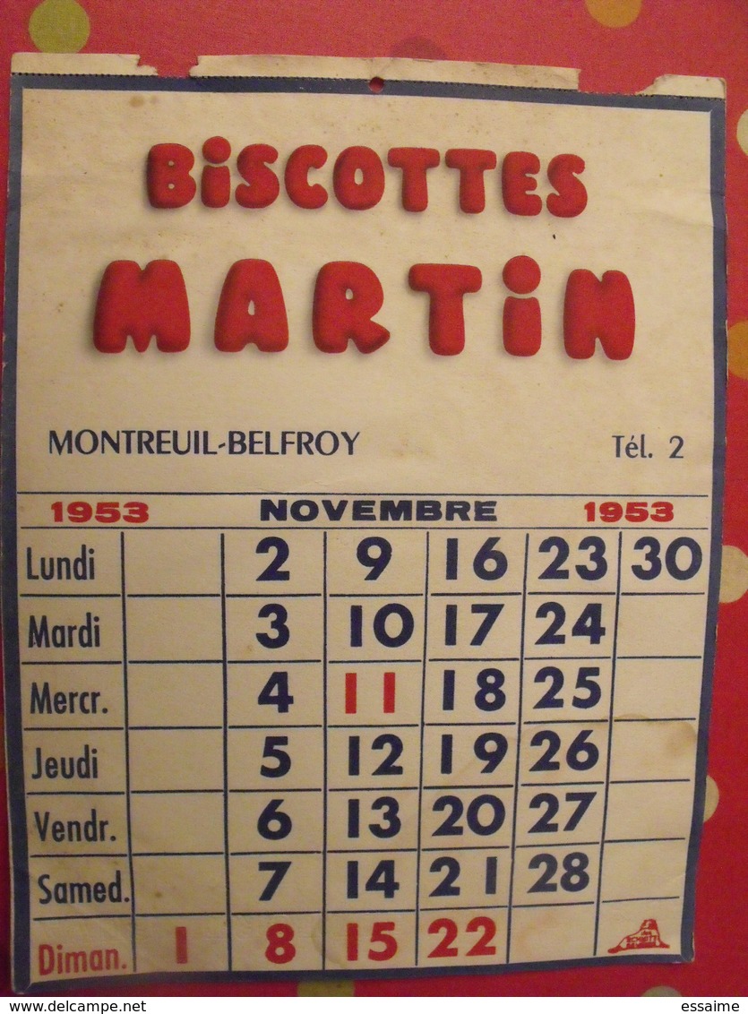 Buvard Biscottes Martin. Montreuil-Belfroy (Maine Et Loire). Calendrier Novembre 1953 - Biscottes