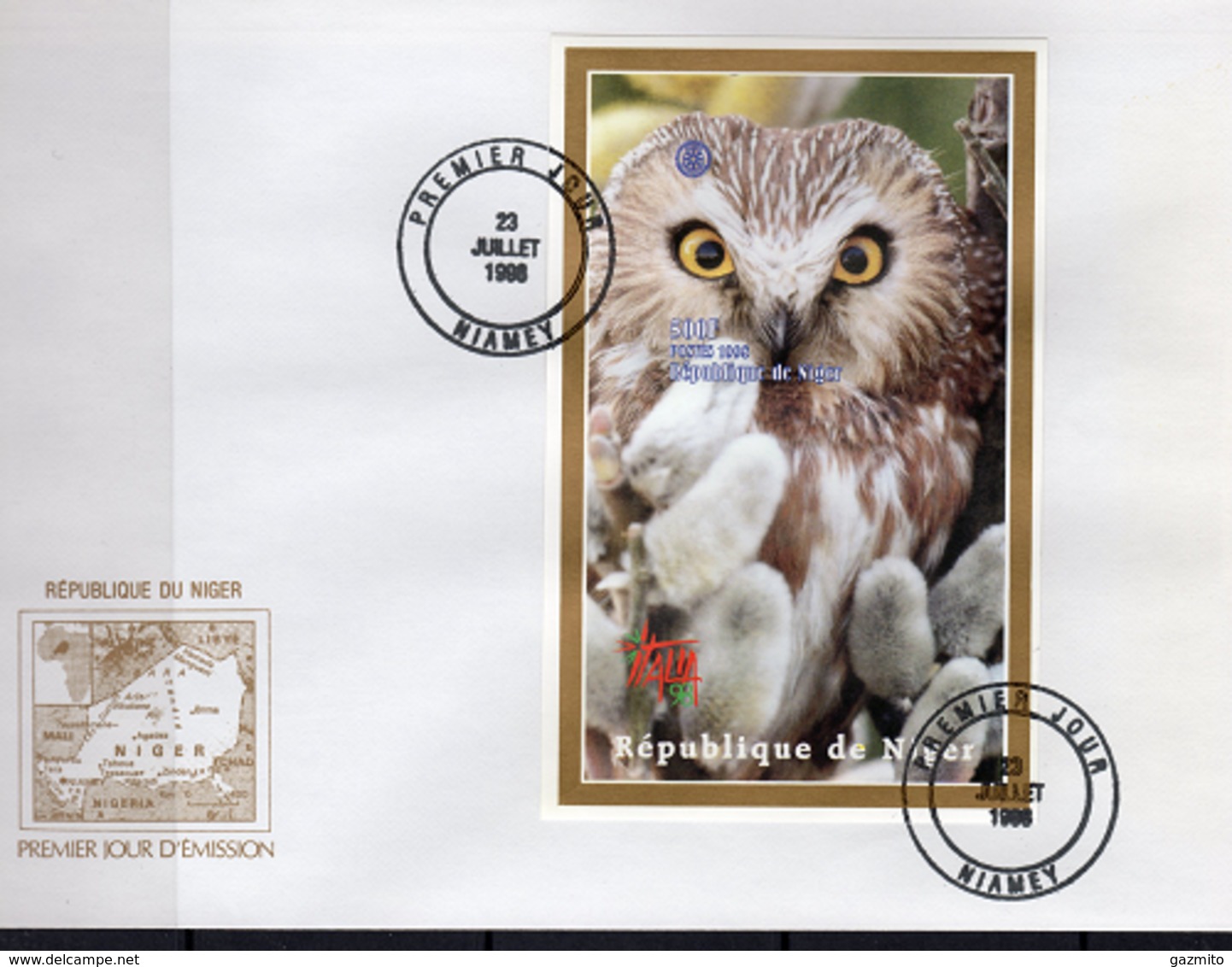 Niger 1998, Italia 98, Owl, Rotary, BF IMPERFORATED In FDC - Rotary, Club Leones