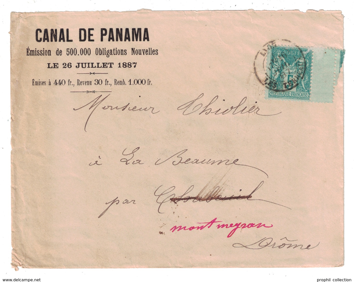 1887 - LETTRE ENTETE CANAL DE PANAMA CAD LYON LES TERREAUX AFFRANCHIE SAGE 5c VERT Pour LA DROME - 1877-1920: Période Semi Moderne