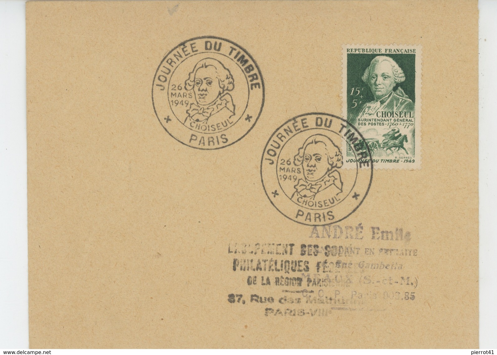 PARIS - Enveloppe Avec Cachets De La JOURNÉE NATIONALE DU TIMBRE 1949 (portrait De CHOISEUL ) - Briefmarken (Abbildungen)