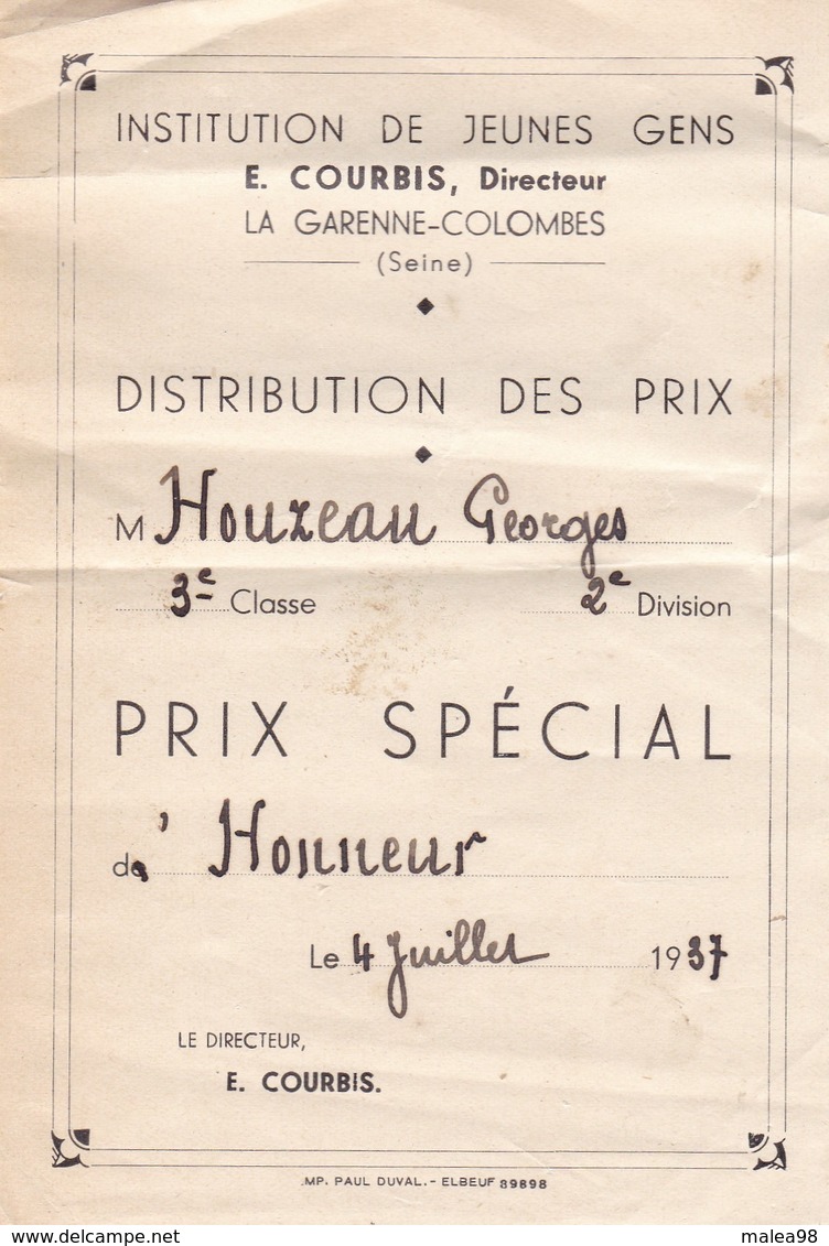 INSTITUTION DE JEUNES GENS LA  GARENNE COLOMBES ,,,,  DISTRIBUTION DES PRIX,,,,, PRIX  SPECIAL - Diplômes & Bulletins Scolaires