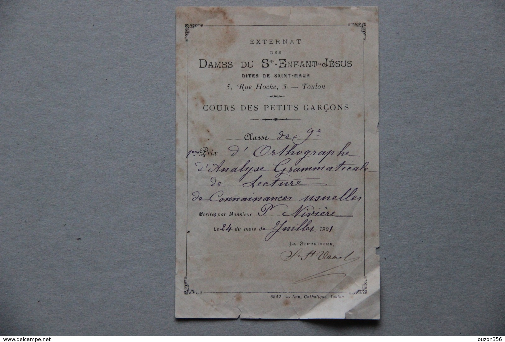 Externat Dames Du St-Enfant-Jésus Dites De Saint-Maur à Toulon (Var), 1er Prix, 1901 - Diplômes & Bulletins Scolaires