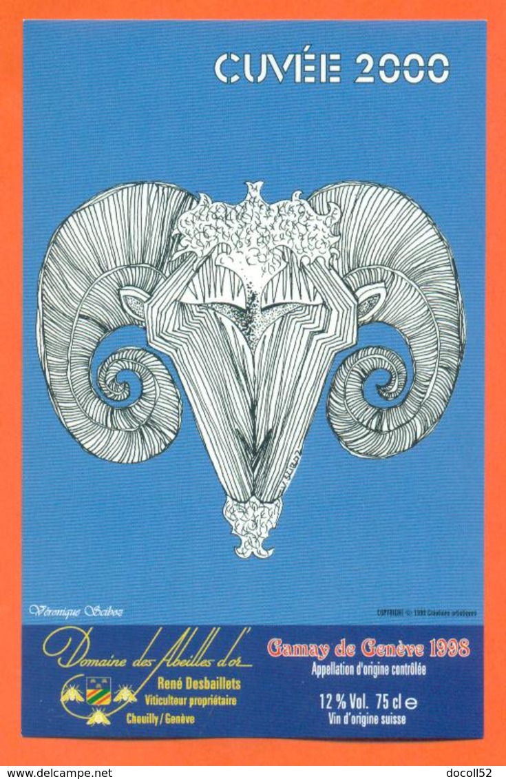 étiquette Vin Suisse Gamay De Genève 1998 Cuvée 2000 Signe Du Zodiaque Bélier Domaine Des Abeilles D'or  - 75 Cl - Jaar 2000