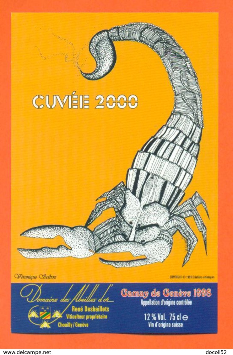 étiquette Vin Suisse Gamay De Genève 1998 Cuvée 2000 Signe Du Zodiaque Scorpion Domaine Des Abeilles D'or  - 75 Cl - Jahr 2000