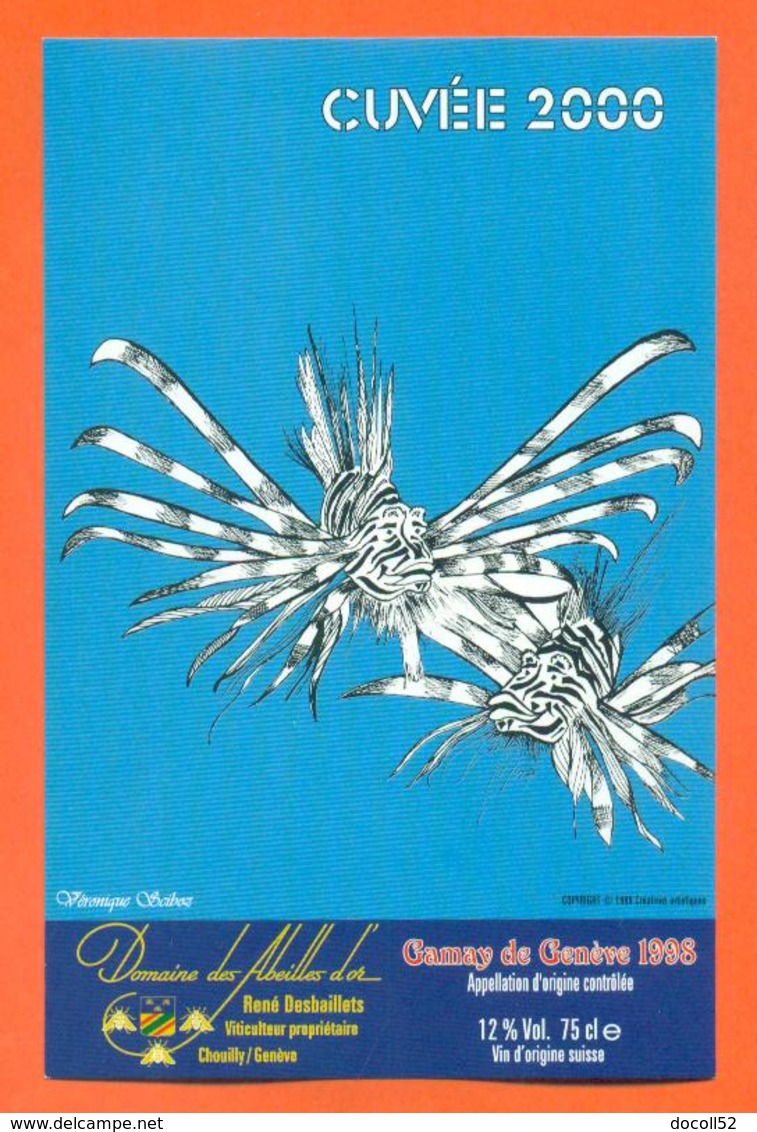 étiquette Vin Suisse Gamay De Genève 1998 Cuvée 2000 Signe Du Zodiaque Poissons Domaine Des Abeilles D'or  - 75 Cl - Jahr 2000