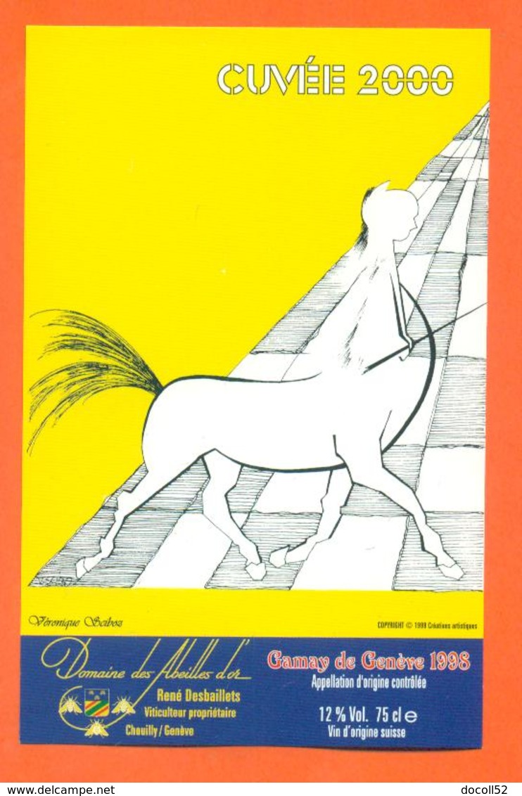 étiquette Vin Suisse Gamay De Genève 1998 Cuvée 2000 Signe Du Zodiaque Sagittaire Domaine Des Abeilles D'or  - 75 Cl - Jahr 2000