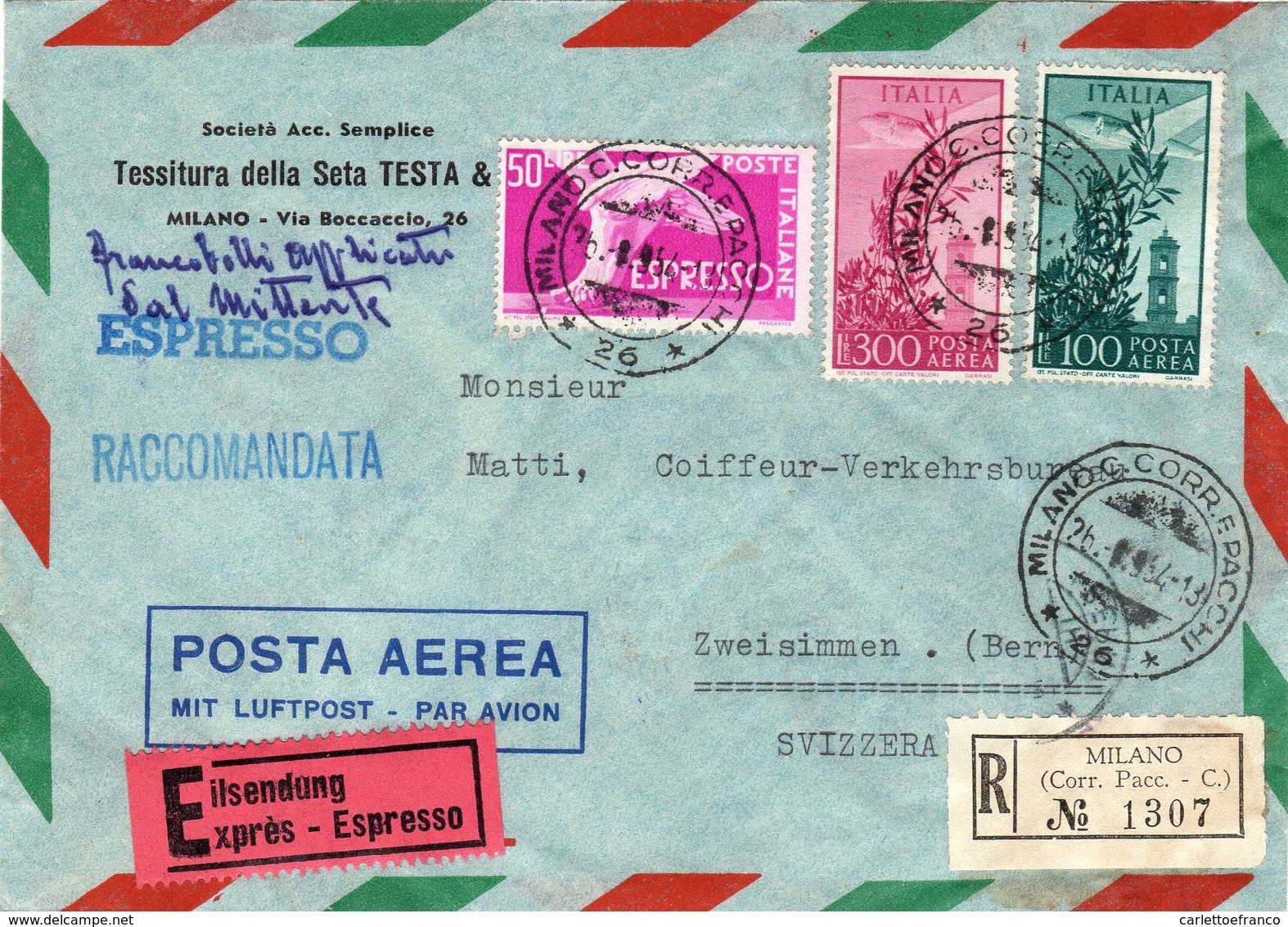 Raccomandata Espresso Per Berna ( Svizzera ) ( 216 ) - 1946-60: Storia Postale
