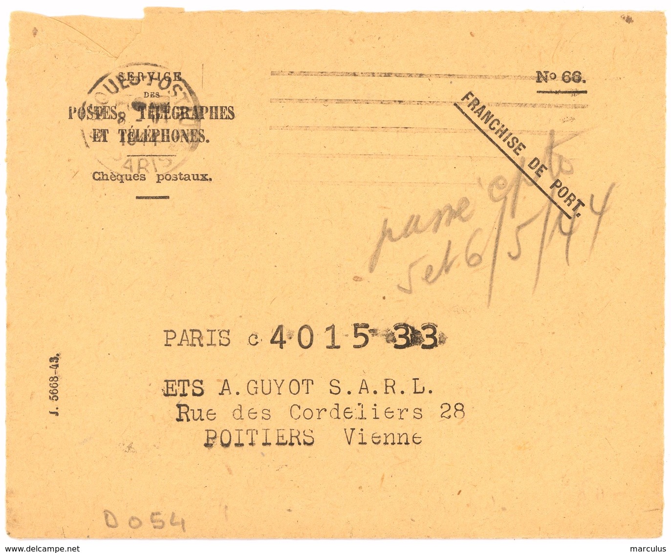 CHEQUES POSTAUX PARIS 1944   Oblit. Frankers-Secap 5 L.d. Petit Simple Cercle.,  Petit Simple Cercle - Oblitérations Mécaniques (flammes)