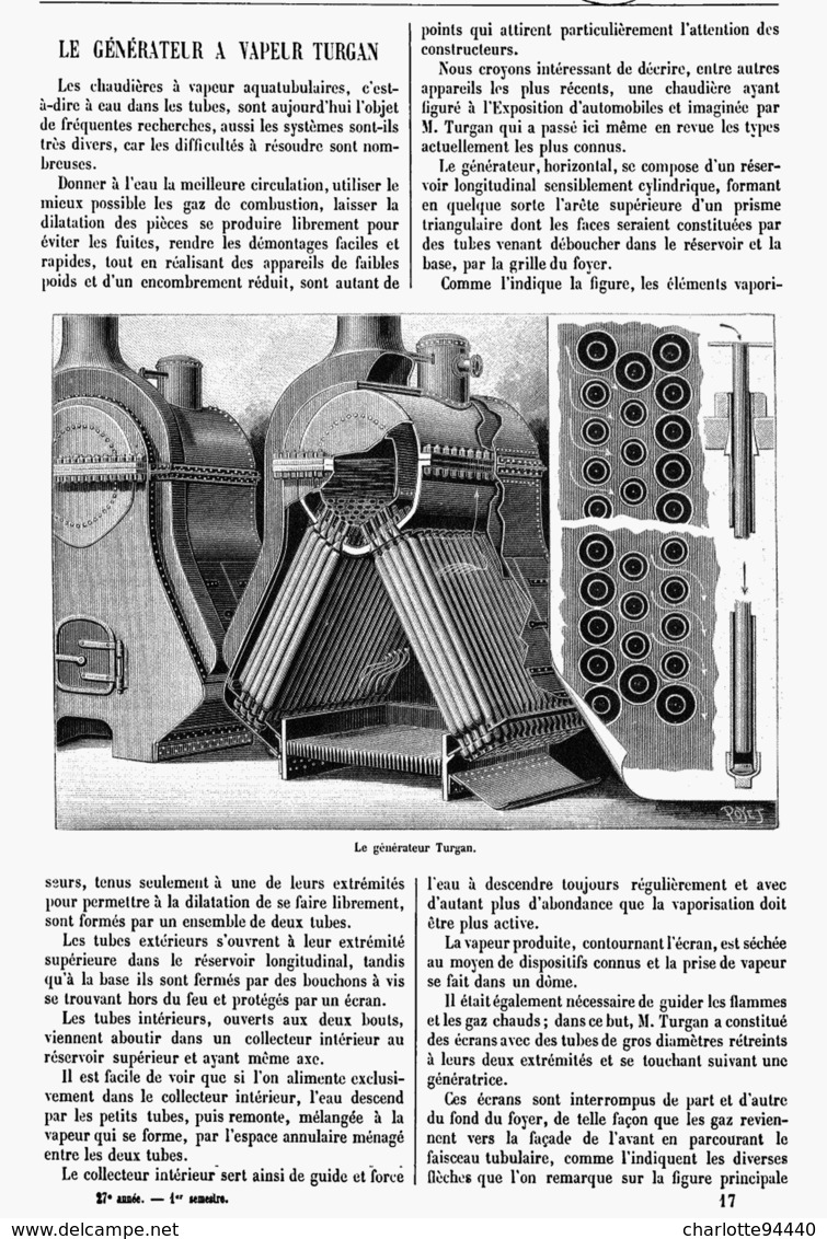 LE GENERATEUR à VAPEUR  " TURGAN "   1899 - Other & Unclassified