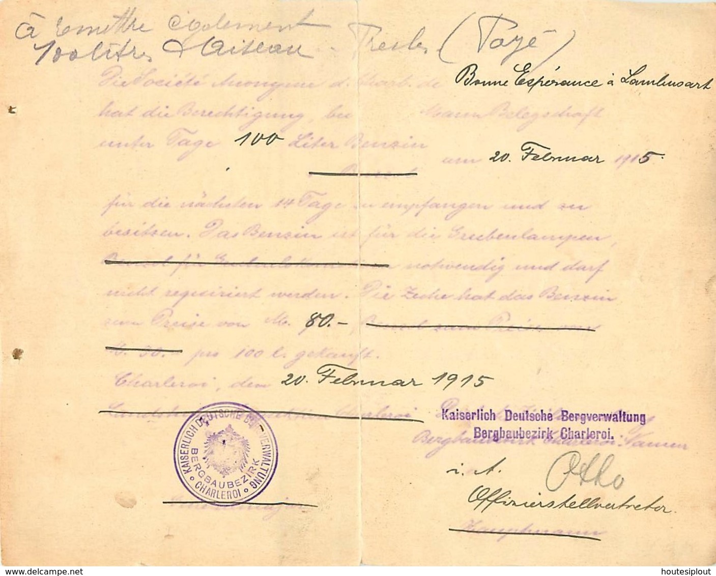 Commande De 100 L. Essence Kaiserlich Deutsche Bergverwaltung/ Bergbaubezirke Charleroi 1915  Adm. Des Mines - OC1/25 Gouvernement Général