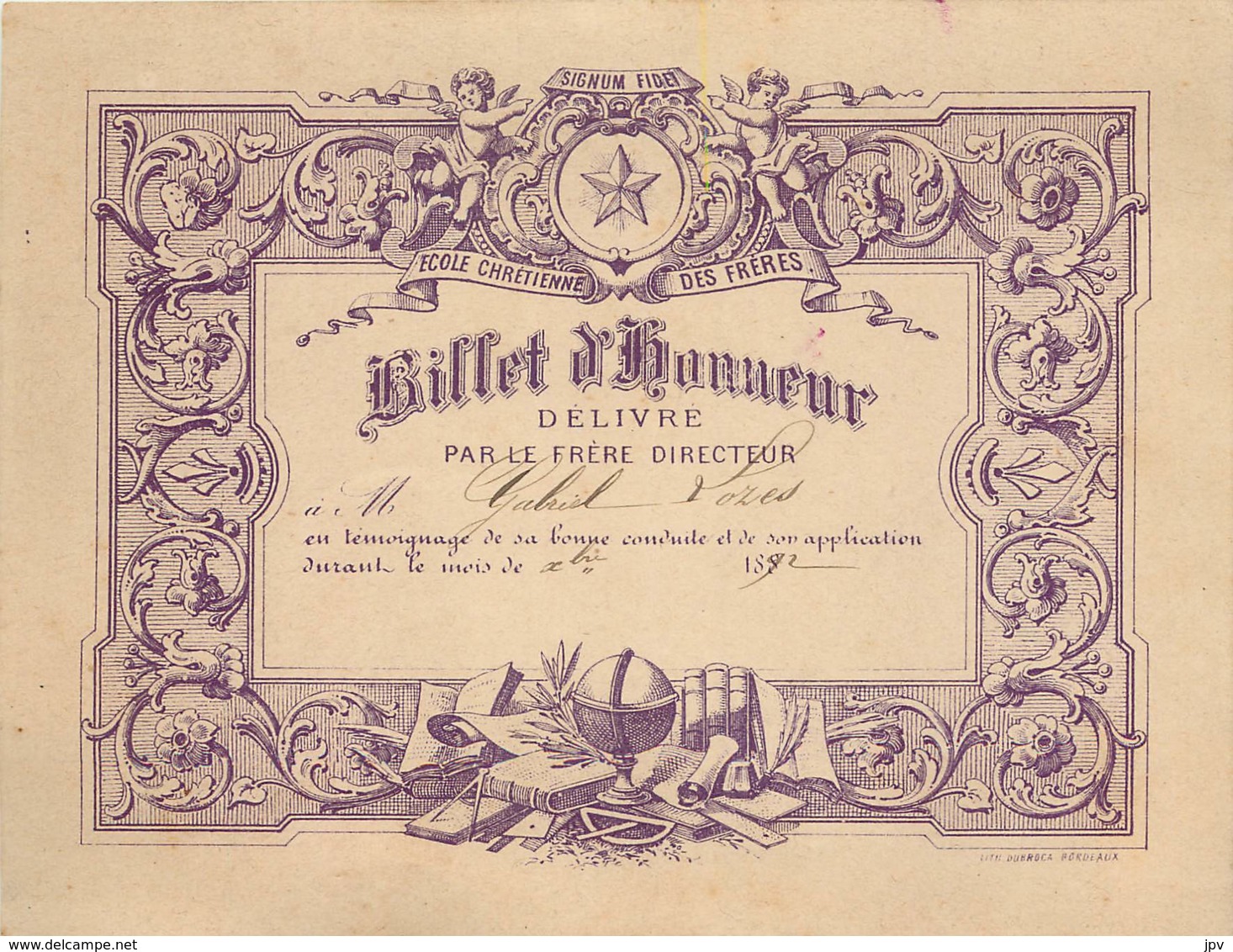 BILLET D'HONNEUR DE L'ECOLE CHETIENNE Délivré Par Le Frère Directeur - Couleur Mauve - 1892/1893/1894 - Diploma & School Reports