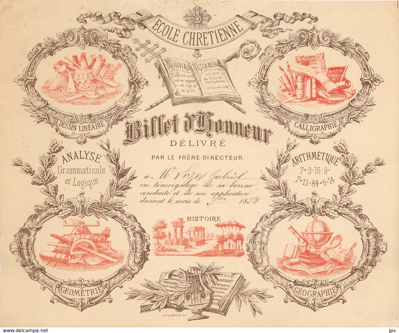 BILLET D'HONNEUR DE L'ECOLE CHETIENNE Délivré Par Le Frère Directeur - Couleur Marron / Oranger - 1893 - Diplômes & Bulletins Scolaires