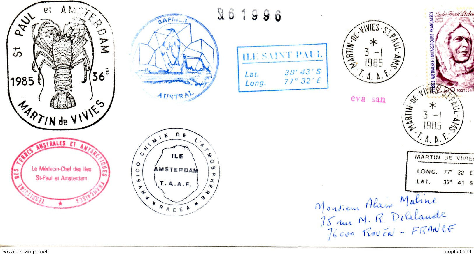 TAAF. Belle Enveloppe Commémorative De 1985. St Paul Et Amsterdam. Martin De Vivies. - Cartas & Documentos