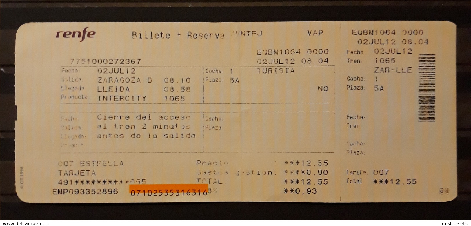 2012 RENFE ESPAÑA. TICKET INTERCITY ZARAGOZA - LLEIDA. - Europa