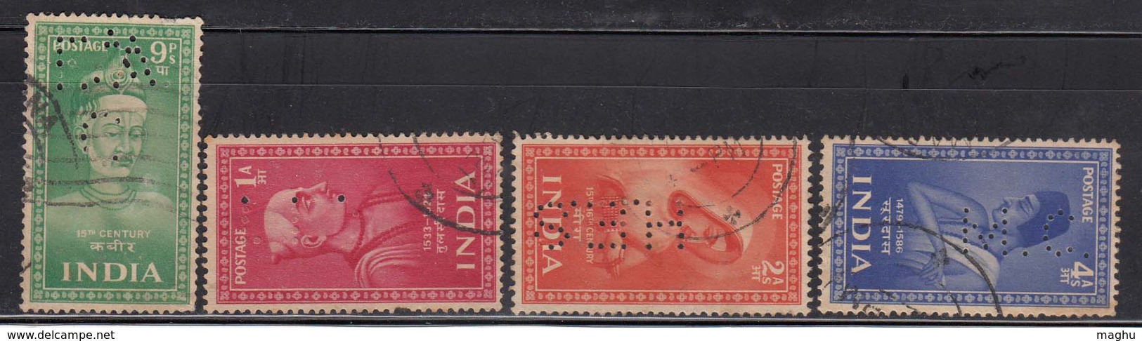 Perfin, Perfins, 4v Saint And Poets Series,  India Used 1952, Hinduism, Poet, Saint, - Hinduism