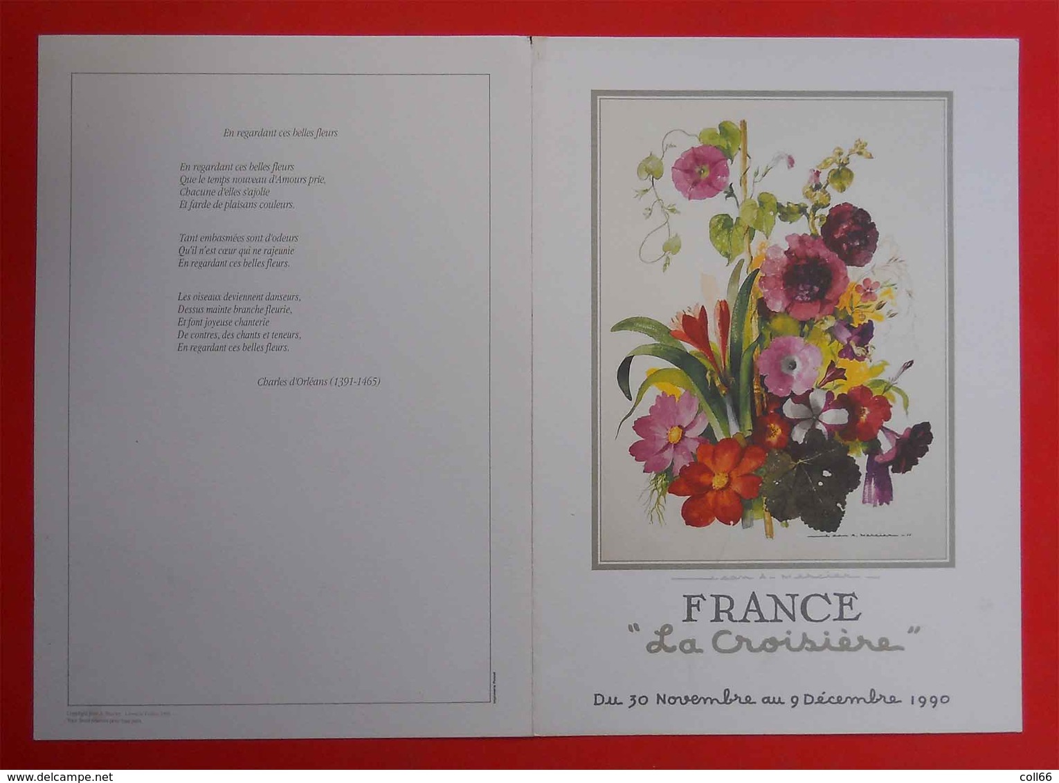 1990 Lot 5 Très Beaux Menus La Croisière Sur Le France Bouquets Fleurs Par Jean A Mercier S/S Norway-France - Menus