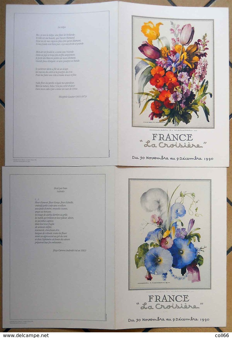 1990 Lot 5 Très Beaux Menus La Croisière Sur Le France Bouquets Fleurs Par Jean A Mercier S/S Norway-France - Menus