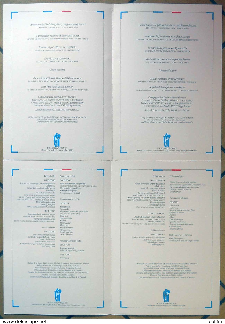 1990 Lot 5 Très Beaux Menus La Croisière Sur Le France Bouquets Fleurs Par Jean A Mercier S/S Norway-France - Menus