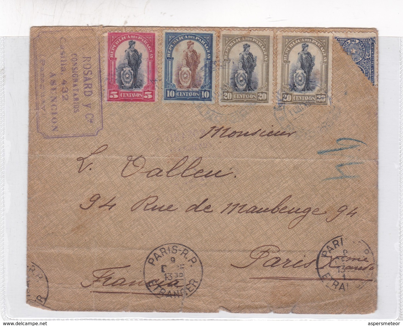 ROSARD Y CIE. CONSIGNATARIOS. CARTA MORTUORIA. RARE ENVELOPPE CIRCULEE 1913 PARAGUAY A PARIS. 3 COLOR STAMPS - BLEUP - Paraguay