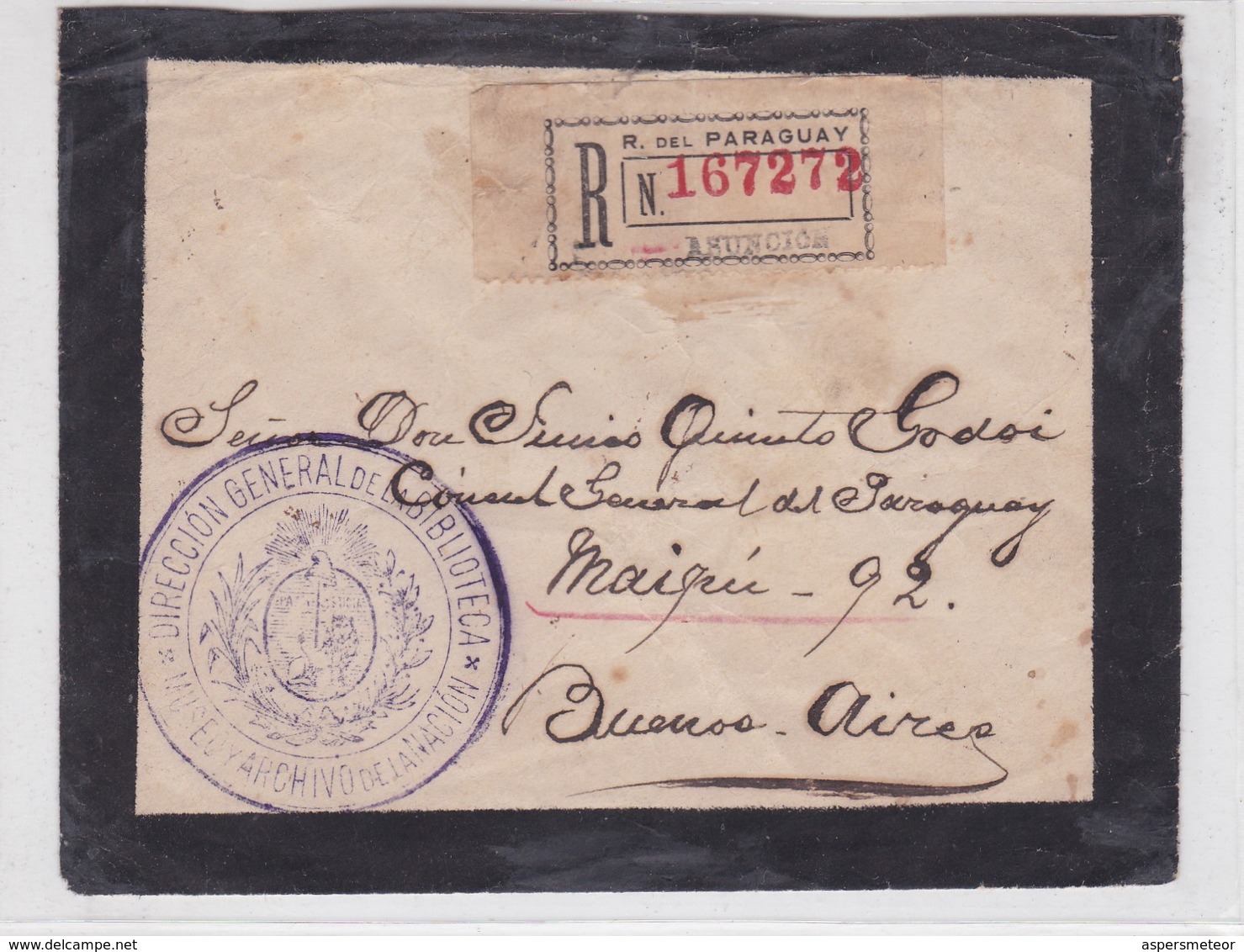 DIRECCION GENERAL BIBLIOTECA MUSEO Y ARCHIVO. RARE ENVELOPPE CIRCULEE 19 21 PARAGUAY A ARGENTINE RECOMMANDE AVEC - BLEUP - Paraguay