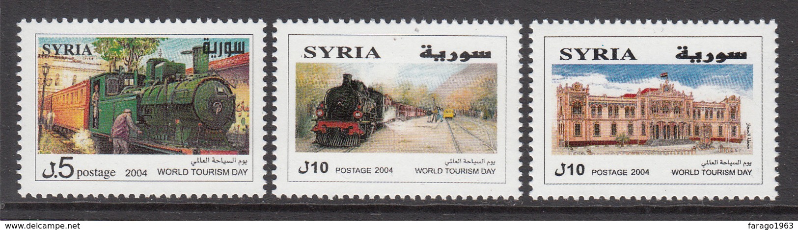 2004 Syria World Tourism Day Locomotive, Train, Buildings Set Of 3 MNH - Syrie