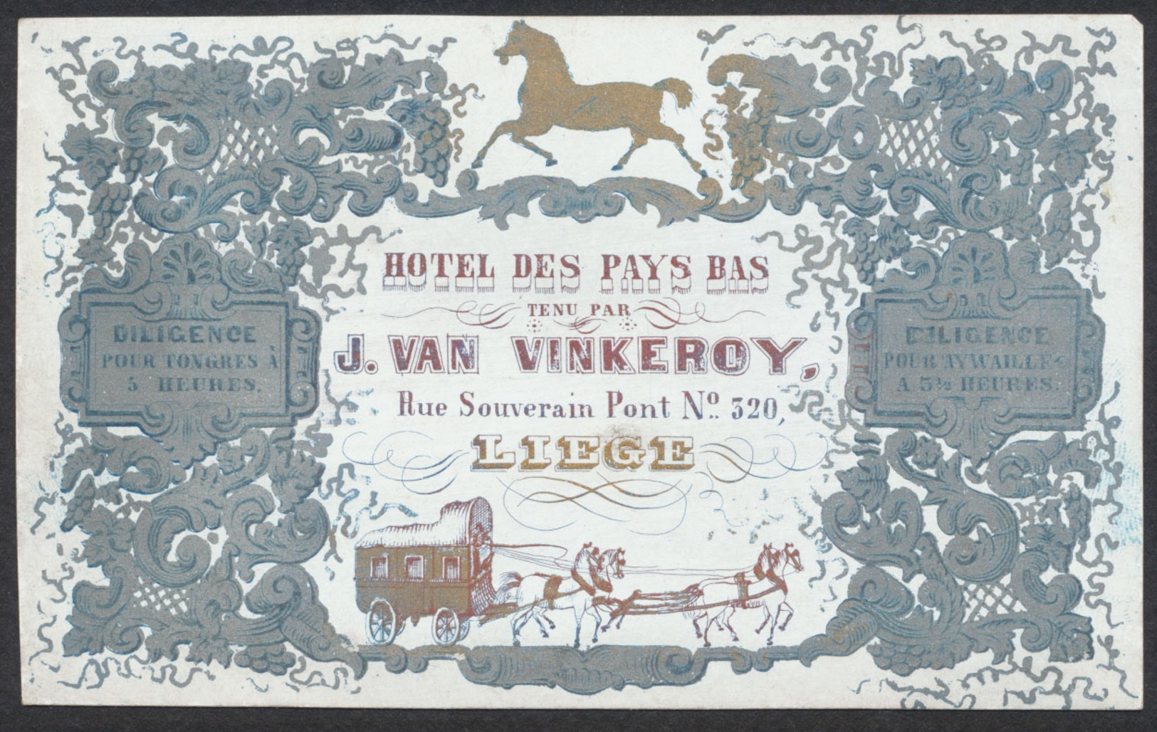 Carte En Porcelaine - Hotel Des Pays Bas Tenu Par J.Van Vinkeroy (Liège) / Diligence Pour Tongres à 5h. TB - Non Classés