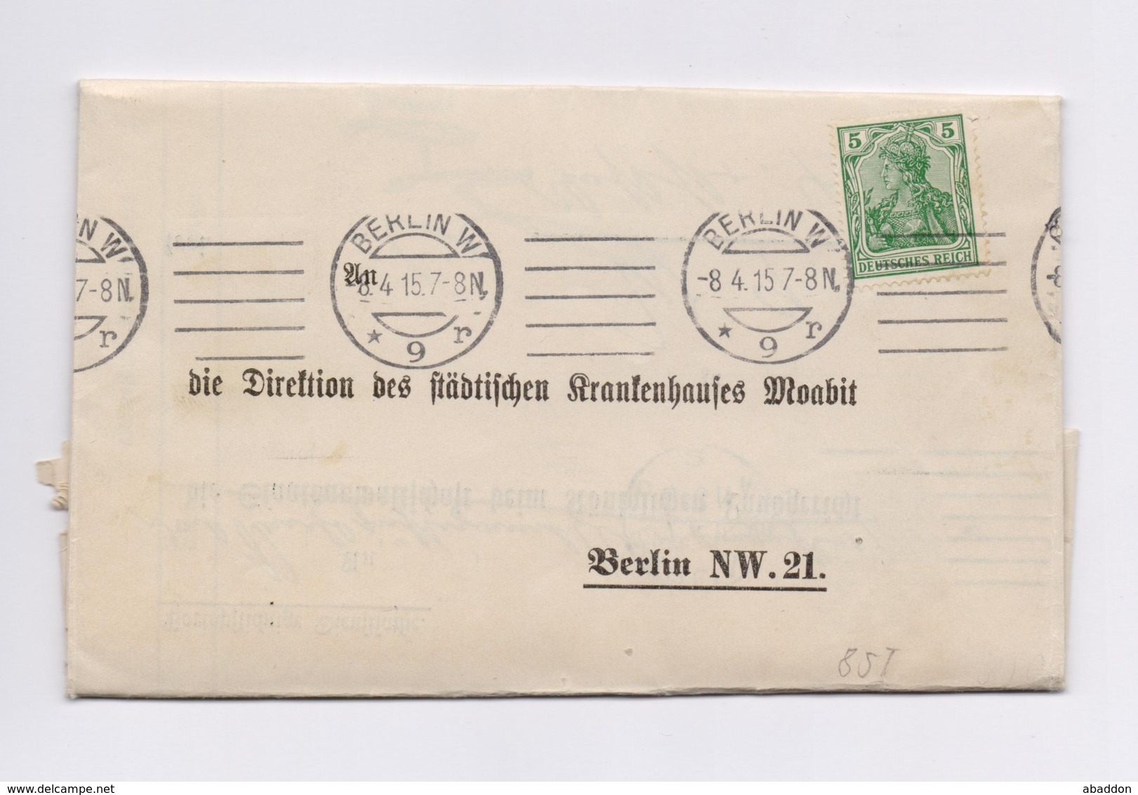 DR Faltbrief Krankenhaus Moabit 2x 5Pfg Germania (1x Perfin) BERLIN 1915 - Covers & Documents