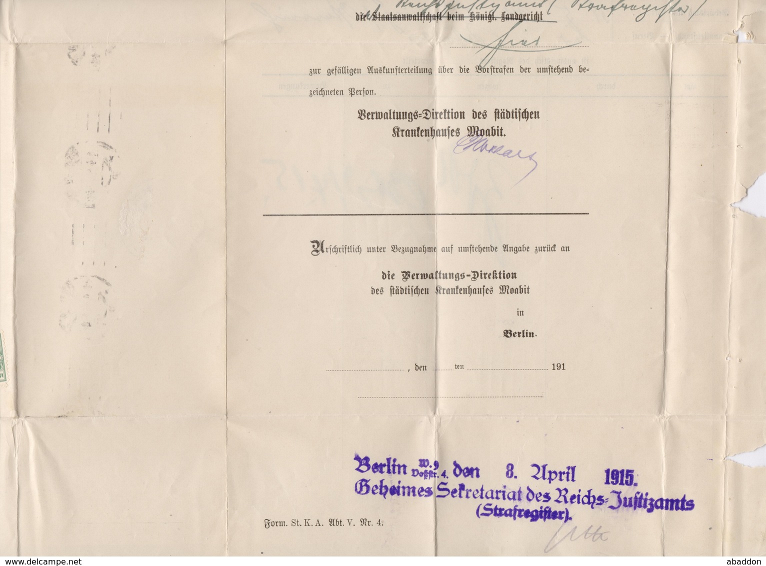 DR Faltbrief Krankenhaus Moabit 2x 5Pfg Germania (1x Perfin) BERLIN 1915 - Covers & Documents