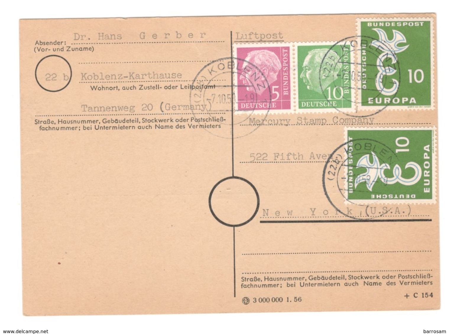 GERMANY1958: Michel179,183,295on Cover To United States - Lettres & Documents